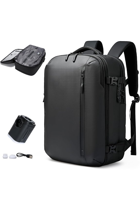 Vacuum-Seal Travel Backpack with Pump and Vacpack Compression System, Water Resistant Large Carry- Backpack with Laptop Compartment and TSA Lock - Flight Approved, Black (With Air Pump)