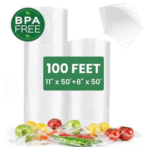 Vacuum Sealer Bags,2 Pack 11" x 50',8" x 50' Vacuum Sealer Rolls for Food,BPA Free 100Ft Food Storage Bag,Clear