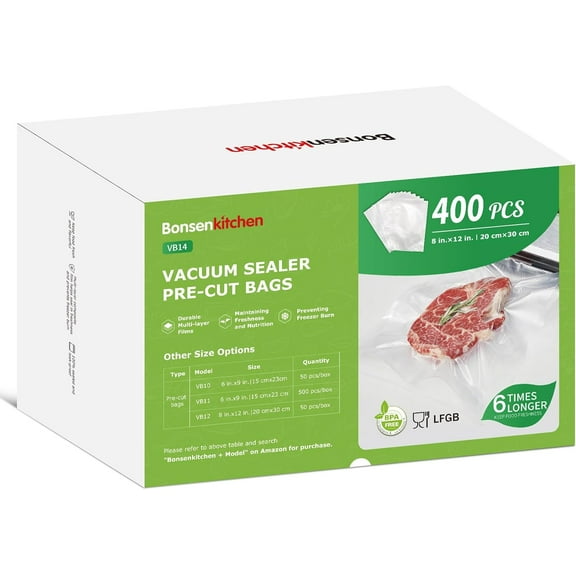 Vacuum Sealer Bags,400 Quart 8" x 12" Precut Food Sealer Bags, Commercial Grade, BPA Free, Heavy Duty, Customized Size Vacuum Bags for Vac Storage, Meal Prep or Sous Vide Cooking, VB14