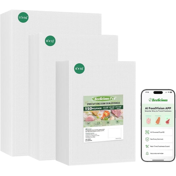 Vacuum Sealer Bags for Food Storage 150 Gallon 11" x 16" and Quart 8" x 12" and Pint 6" x 10", with BPA-Free, Commercial PreCut Vacuum Seal Bags for Sous Vide & Seal a Meal