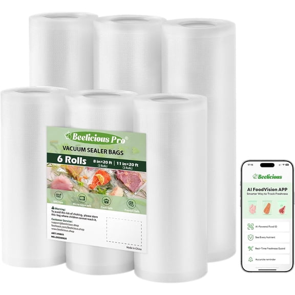 Vacuum Sealer Bags Rolls for Food 6 Pack 3 Rolls 11" x 20' and 3 Rolls 8" x 20' Commercial Grade with BPA-Free, Durable Customized Size Food Storage Bags for Sous Vide