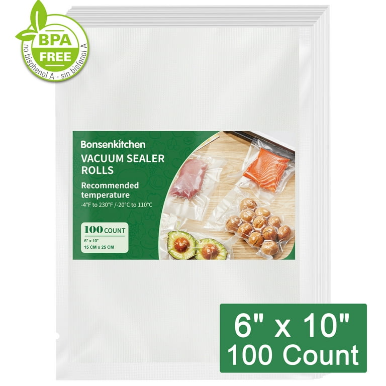 Vacuum Sealer Bags for Food 6 x 10x 100, Bonsenkitchen Pre-Cut Reusable  Bags , Vacuum Seal Bags