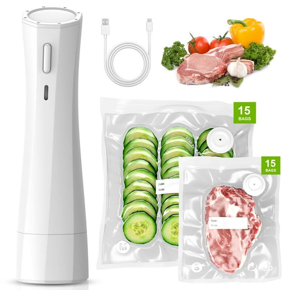 TINANA Cordless Vacuum Sealer for Food, 80 kPa Portable Handheld Vacuum Sealing Machine with Rechargeable Battery, 30PCS Reusable Bags, for Kitchen, Sous Vide, Travel & Camping