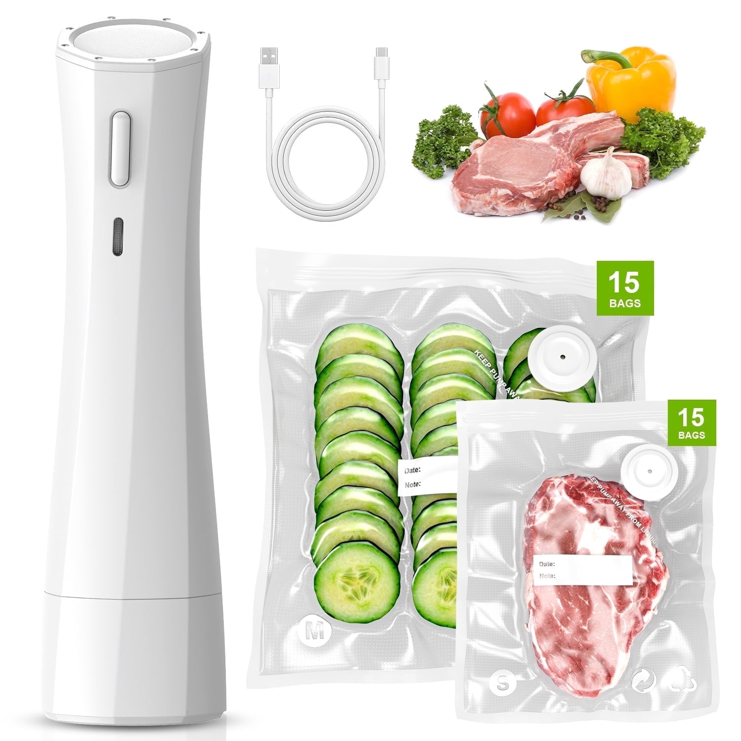 TINANA Cordless Vacuum Sealer for Food, 80 kPa Portable Handheld Vacuum Sealing Machine with Rechargeable Battery, 30PCS Reusable Bags, for Kitchen, Sous Vide, Travel & Camping