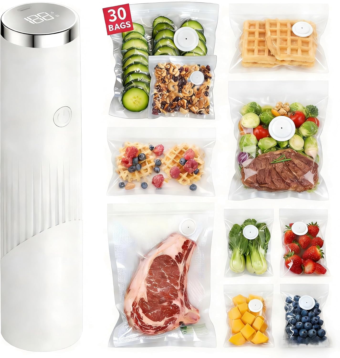 Vacuum Sealer, Handheld Vacuum Sealer, Vacuum Sealer Machine for Food Storage with 30 Reusable Bags, Rechargeable Compact Vacuum Sealer for Preservation & Fresh, Gifts for Mom, Wife, Chef & Home