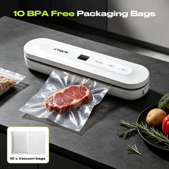 62KPa Vacuum Sealer Machine with 4 Modes (Dry/Moist/Pulse/Seal), Built-in Cutter, Digital Display & 10 Bags, for Food Storage, Sous Vide & Meal Prep