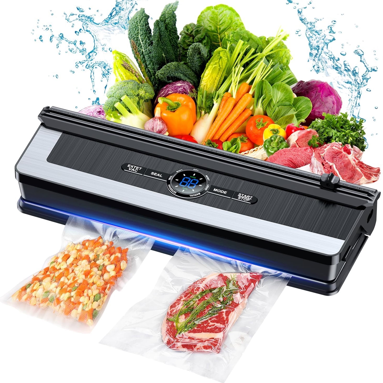 Hoofun Vacuum Sealer Machine - 8 in 1 Food Vacuum Sealer Machine with Build-in Cutter Automatic Air Sealing System LED Indicator for Food Storage Dry and Moist Food Modes with 5 Seal Bags Kit Black