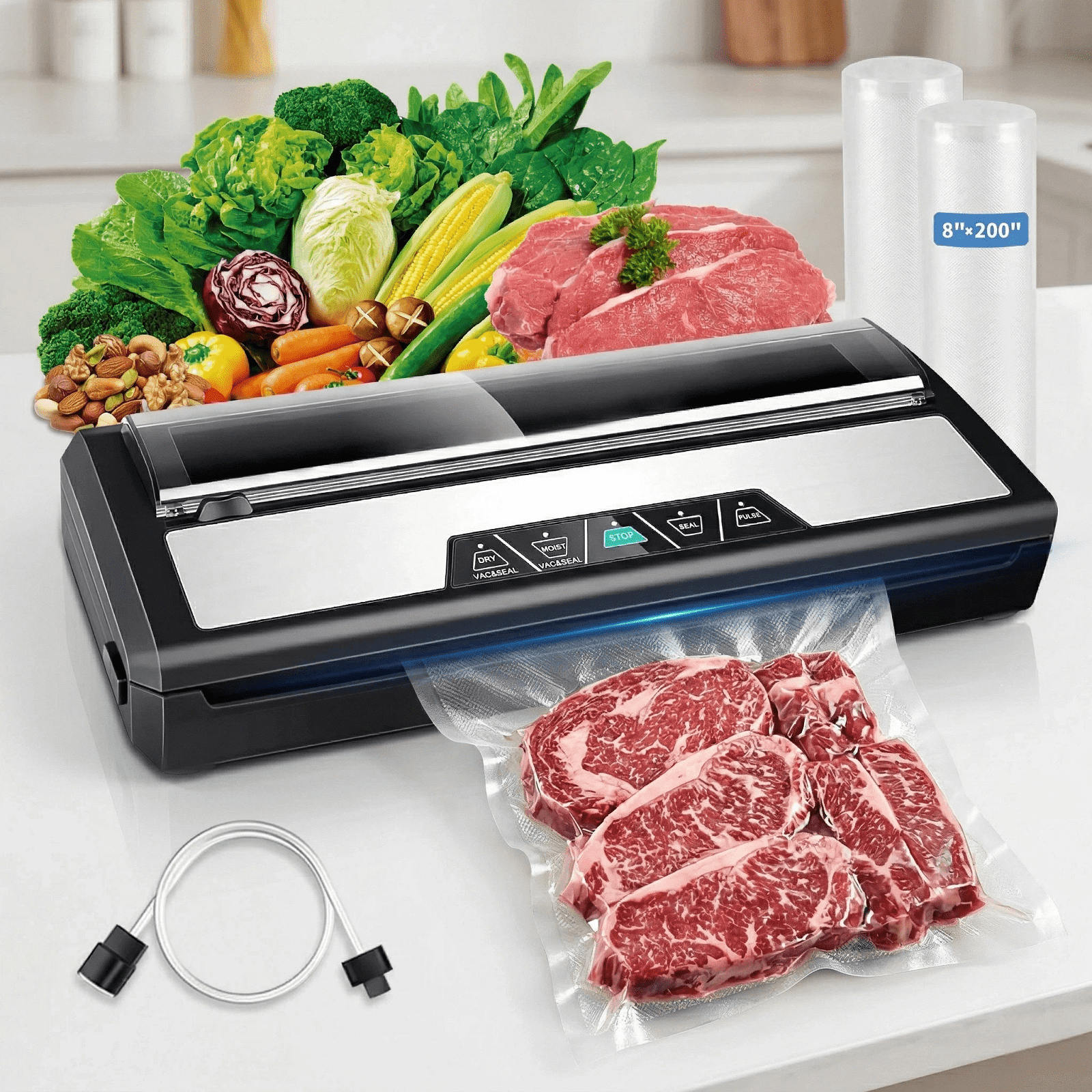 Vacuum Sealer Machine, 80Kpa Automatic Food Sealer with Multiple Modes,Built-in Cutter,2 Rolls of Vacuum Seal Bags Included
