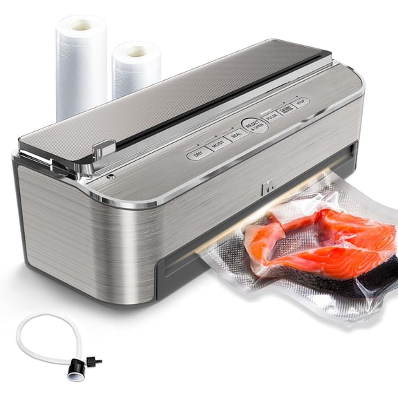 Vacuum Sealer Machine, 85kPa 120W Automatic Food Sealer, Powerful Sealing System, Build-in Cutter Bags Storage Moist Mode and Air Suction Hose (Silver)