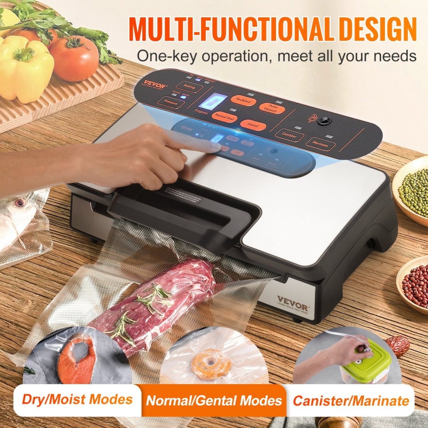 Vacuum Sealer Machine 90Kpa 130W Dual Pump Dual Sealing Dry Moist Food Storage Automatic Manual Air Sealing System Built in Cutter Seal Bag External Hose Stainless Steel