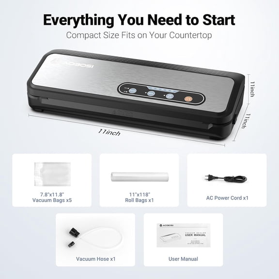 Vacuum Sealer Machine, Aobosi Powerful 90Kpa 8-IN-1 Food Vacuum Sealer for Dry/Moist Food, Built-in Cutter and Bag Storage, Bag Roll & 5 Pre-cut Bags