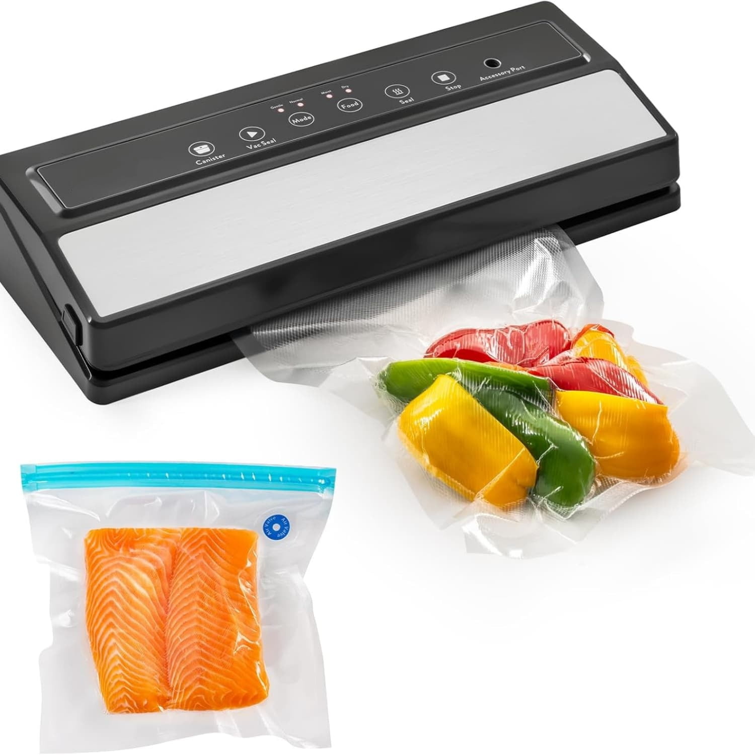 Vacuum Sealer Machine - Automatic Food For Dry & Moist  Compact With Led Touch Panel Includes Zipper Bags Roll Sous Vide Freezer Storage (silver)