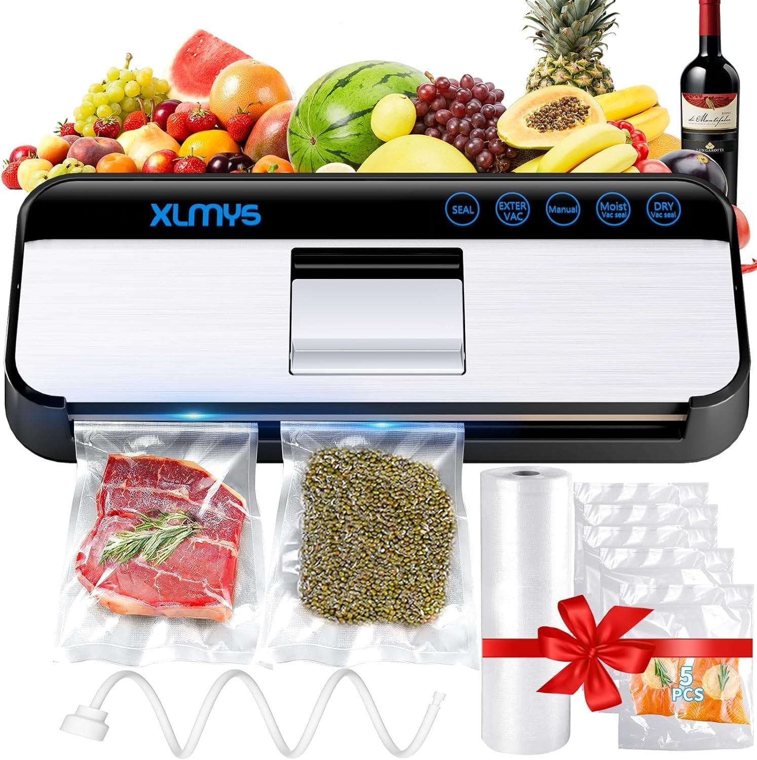 Vacuum Sealer Machine, Full Automatic Food Vacuum Sealer (95KPA), 8 in 1 Sealers Vacuum LED with 1 Roll Bags Set 5 Sealer Bag, Air Sealing System for Dry/Moist/Seal External Vac Cans/Bags