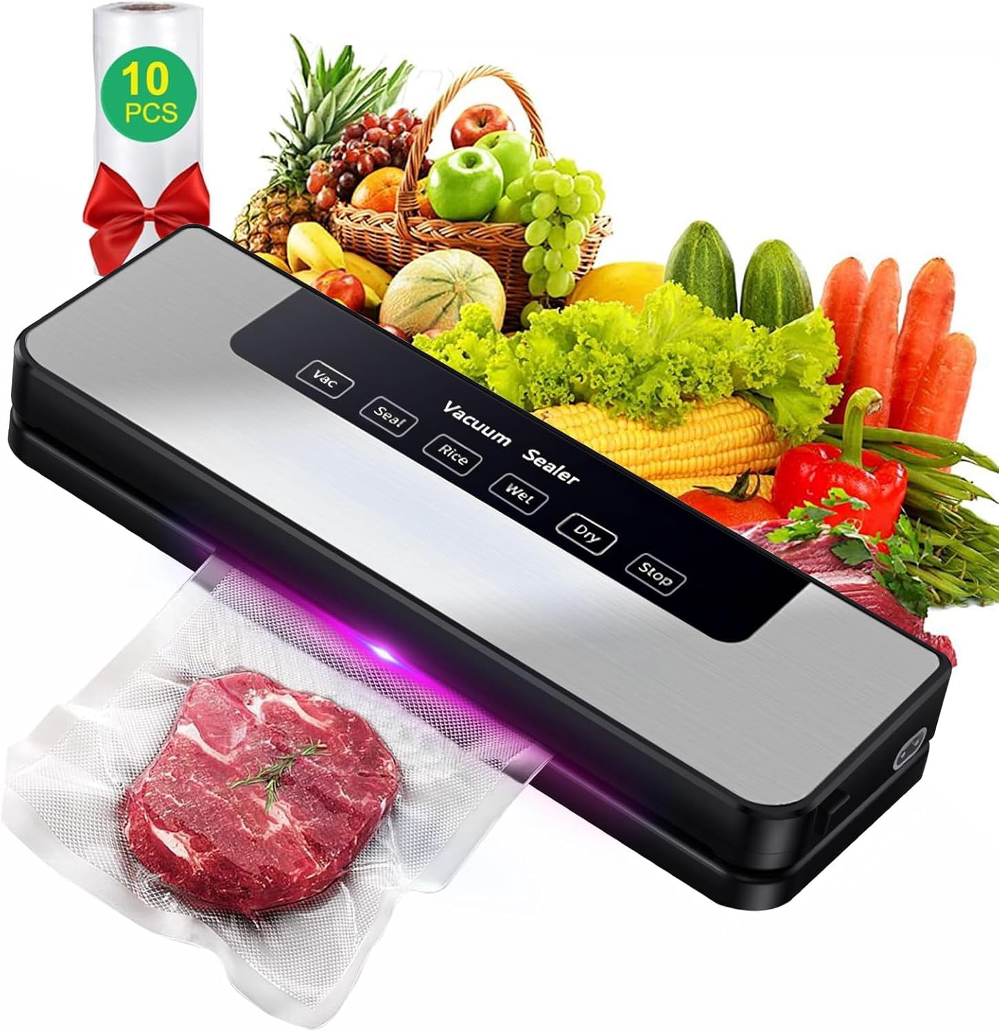 Vacuum Sealer Machine,High-Speed Continuous Working Suction Powe Sealer with 10 Airtight Bags and Accessory Hose for Save and Storage