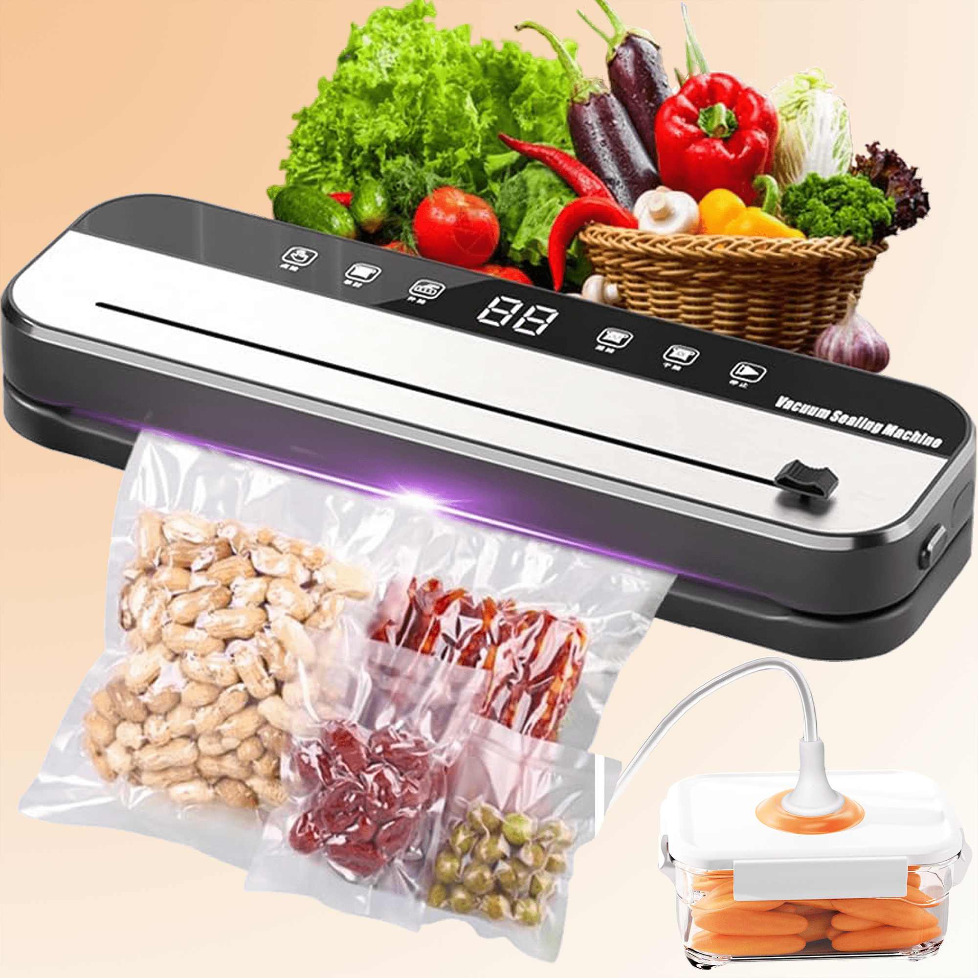 JUUTREN Vacuum Sealer Machine–Food Sealer with Digital Timer, 75kpa Compact Sealing，External Vacuum Hose & 20 Bags, Built-in Cutter & 5 Modes for Dry & Moist Foods, One-Touch Automatic Air Sealing