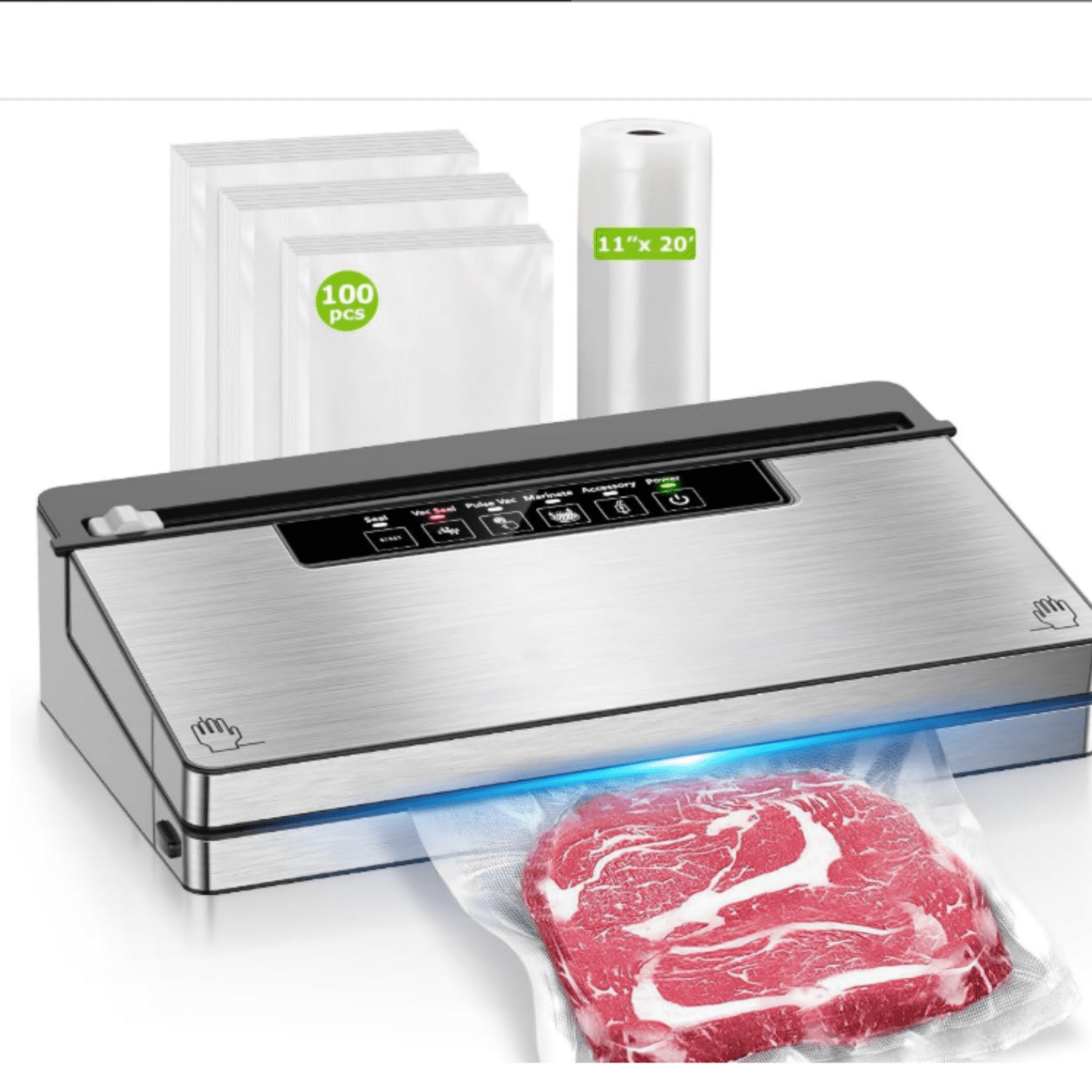 Vacuum Sealer Machine, Stainless Steel Food Sealer Vacuum Sealers with 100 Bags & 1 Roll Bag, 5 Food Vacuum Modes, Built-in Cutter & Bag Storage, Silver-Black