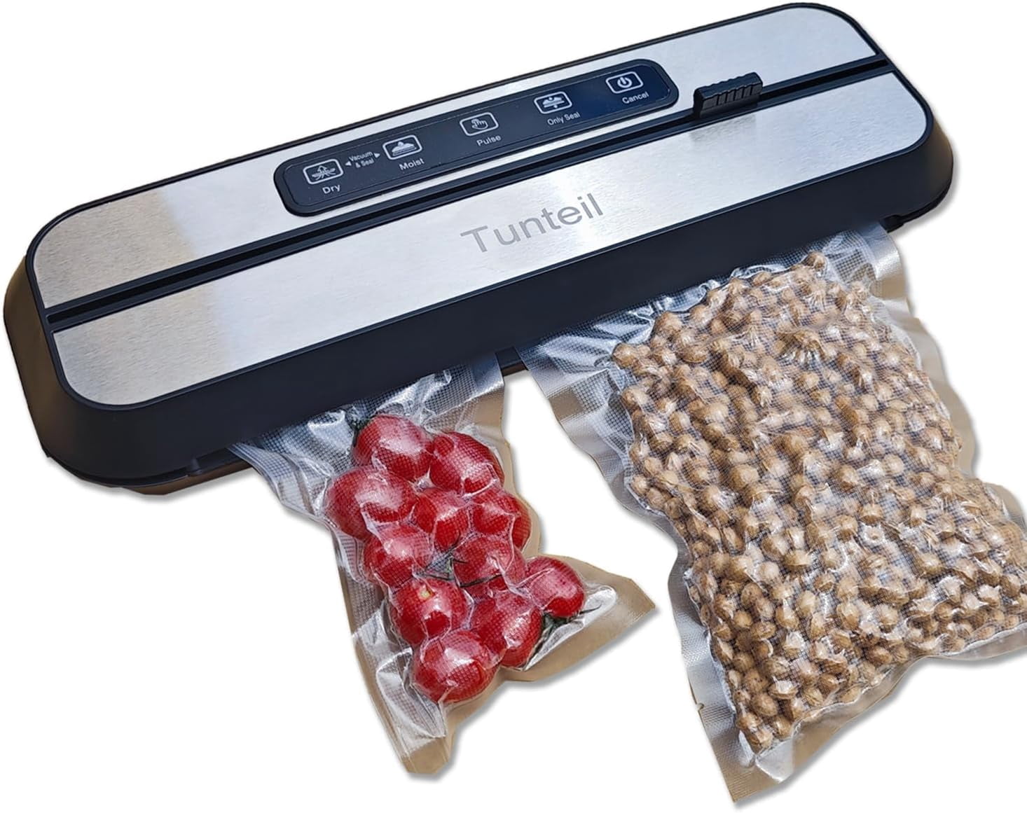 Vacuum Sealer Machine, Tunteil Automatic Air Sealing System For Food Storage With 10 Pcs Seal Bags Starter Kit, Dry and Moist Food Modes, Build-in Cutter, Air Suction Hose,Easy to Clean(Black)