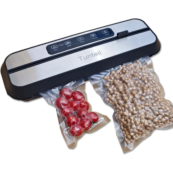 Vacuum Sealer Machine, Tunteil Automatic Air Sealing System For Food Storage With 10 Pcs Seal Bags Starter Kit, Dry and Moist Food Modes, Build-in Cutter, Air Suction Hose,Easy to Clean(Black)
