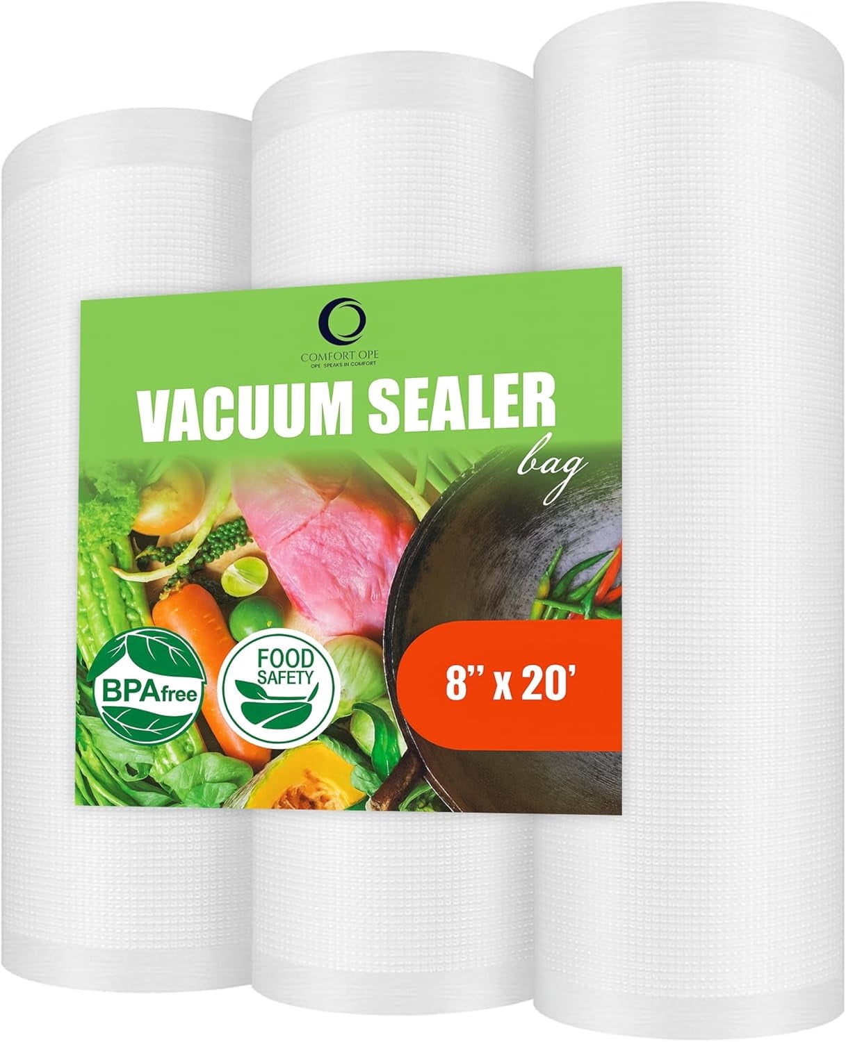 Vacuum Sealer Rolls 3 Pack (8" x 20'), BPA-Free Heavy Duty Food Storage Vacuum Bags Rolls, Custom Cut Vacuum Seal Bags Compatible with Most Vacuum Sealers Comfort Ope