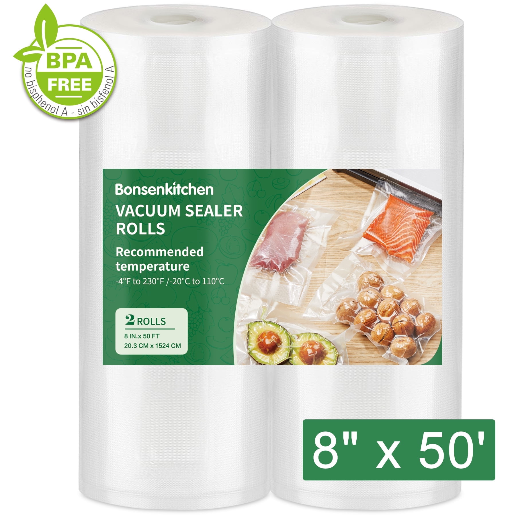 Vacuum Sealer Rolls 8''x50'x 2 Pack, Bonsenkitchen Vacuum Sealer Bags