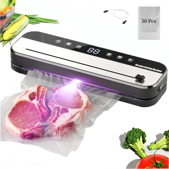 KYFIU Compact Vacuum Sealer for Food, Vacuum Sealer Machine with 50 Vacuum Bags, Featuring LED Pressure Display, Pro Food Sealer with Built-in Cutter, Black