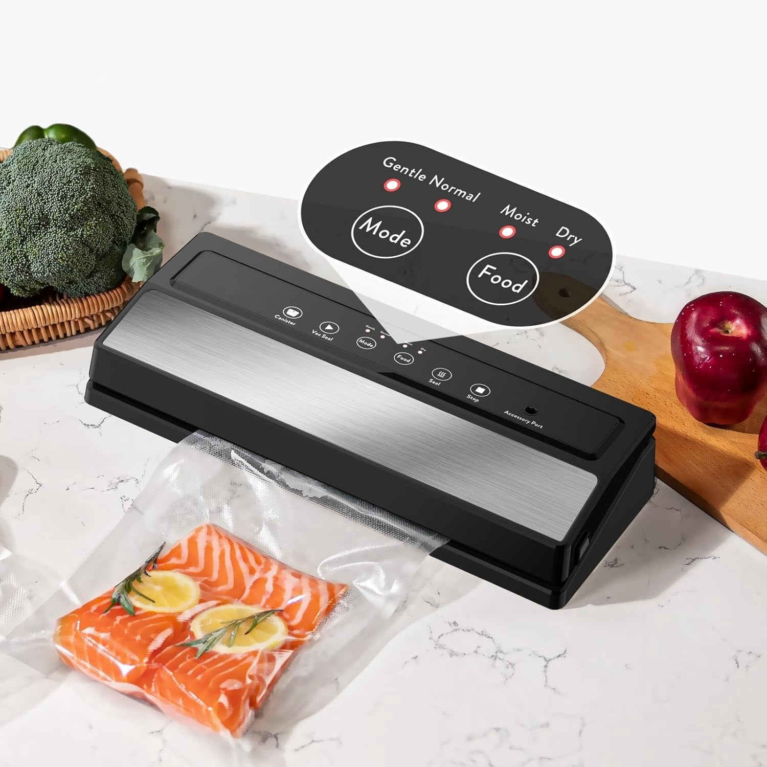 Vacuum Sealer, Vacuum Sealer Machine for Food Storage with Sealer Bags & Roll, Automatic Food Sealer, Compact, LED Lights, Easy to Clean, Dry & Moist Modes (Silver)