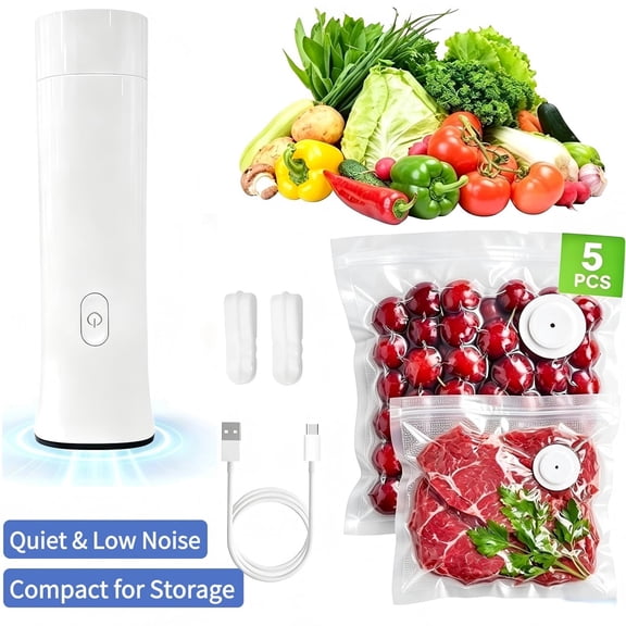 Compact Vacuum Sealer for Food, 60KPa Handheld Vacuum Sealer Machine with 5 Reusable Bags, Perfect for Travel, Camping, Picnic & Home Kitchen Food Preservation, White