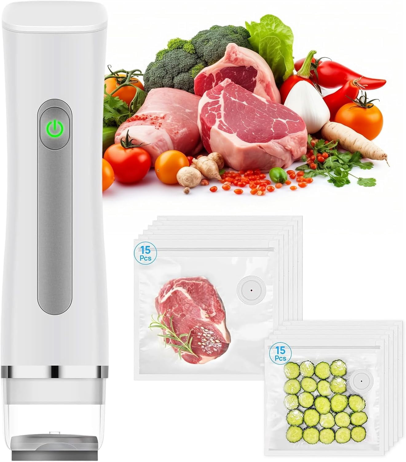 Vacuum Sealer with 30 Reusable Vacuum Bags, Seal Meal Saver, Portable Compact Handheld Food Sealer Machine for Meat Vegetables Fruits