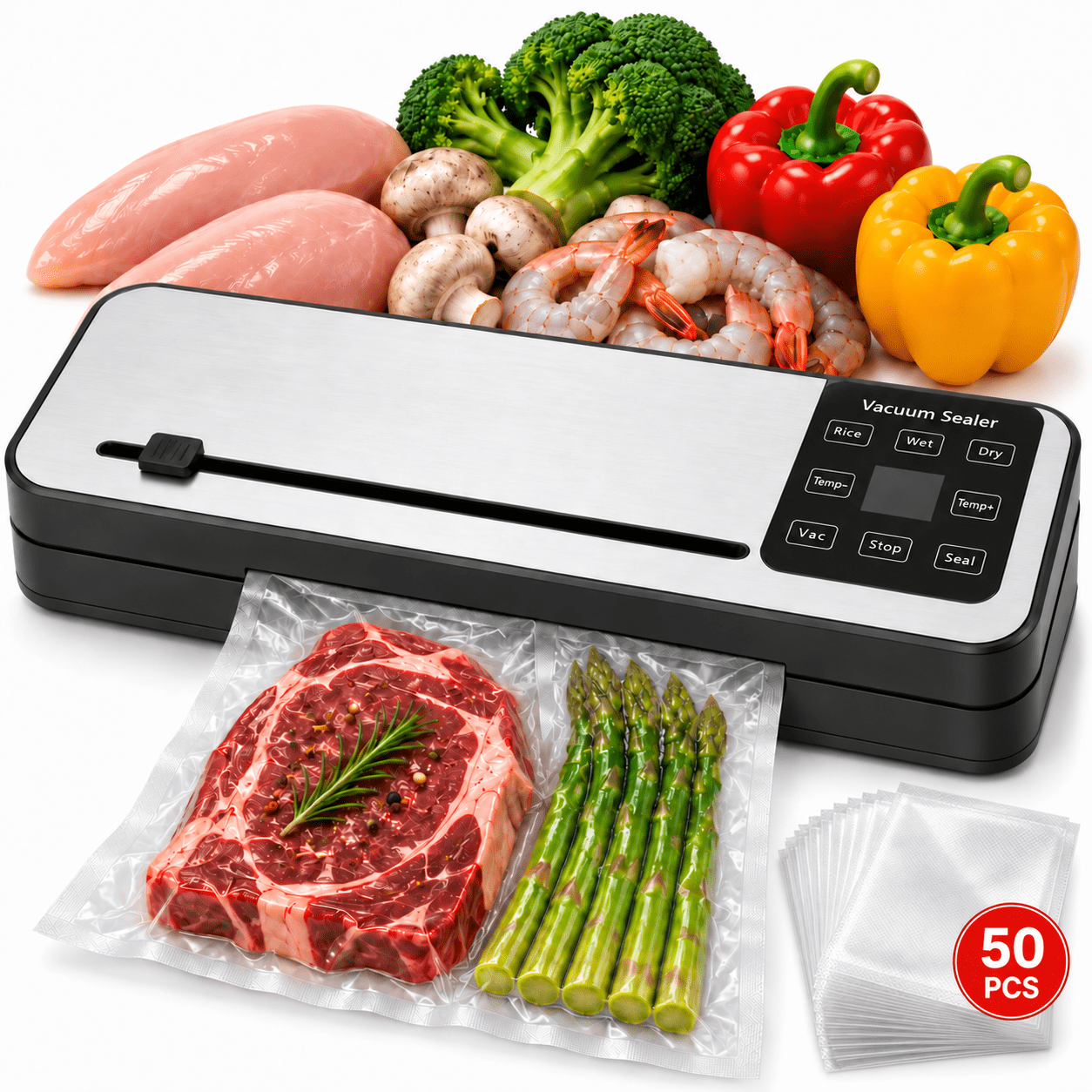 Food Vacuum Sealer Machine with 50 Pack Vacuum Sealer Bags, Food Storage Saver Dry & Moist Food Modes, Built-In Cutter