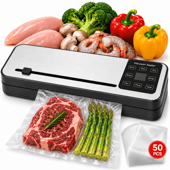 Food Vacuum Sealer Machine with 50 Pack Vacuum Sealer Bags, Food Storage Saver Dry & Moist Food Modes, Built-In Cutter