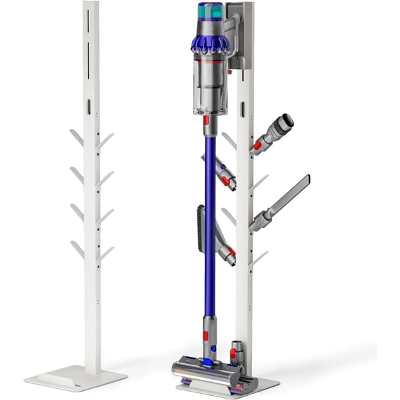 Cordless Vacuum Cleaner Floor Stand, Freestanding Metal Vacuum Holder with 8 Storage Hooks, No-Drill Vacuum Organizer for Stick Vacuums & Accessories, White