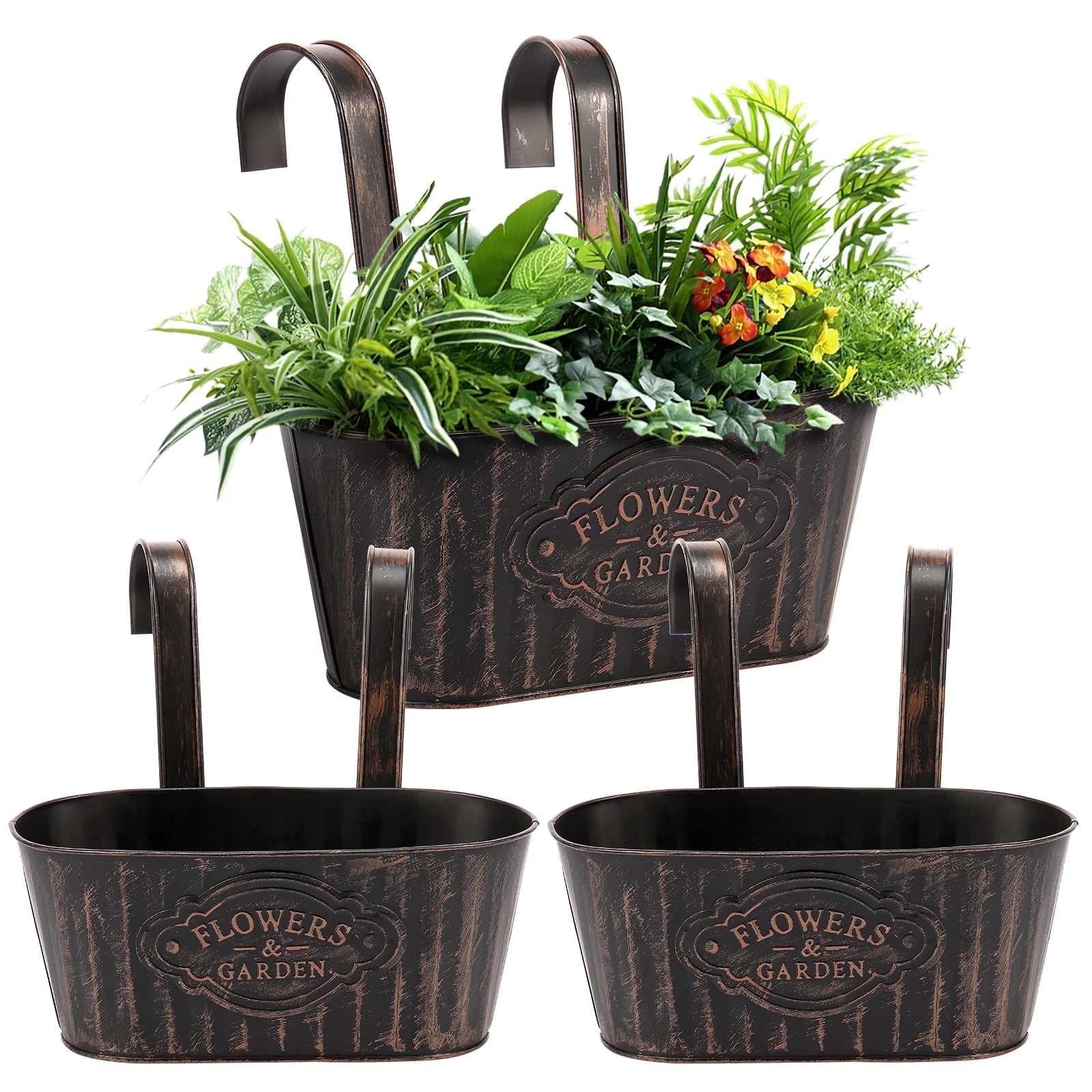 Keyohome 3Pcs Hanging Flower Pots,Metal Wall Planter,Iron Bucket Planter with Detachable Hooks for Indoor Outdoor,Drainage,Rustproof,Black,10.6"