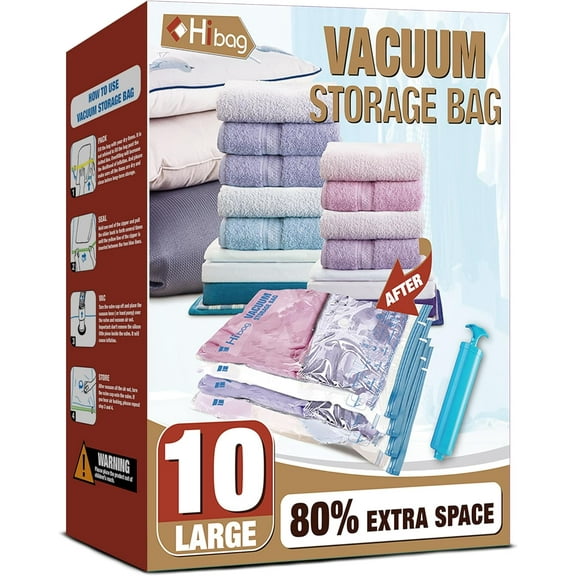Vacuum Storage Bags, 10 Large Space Saver Vacuum Seal Bags, Space Bags for Clothes, Blankets, Bedding (10L)