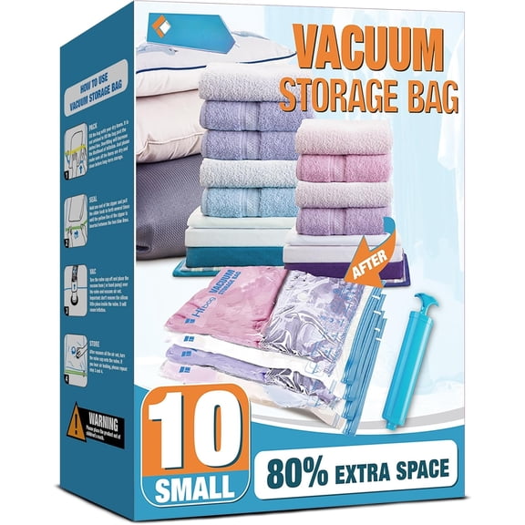 Vacuum Storage Bags, 10 Small Space Saver Vacuum Seal Bags, Space Bags, Vacuum Sealer Bags for Clothes with Travel Hand Pump (10S)