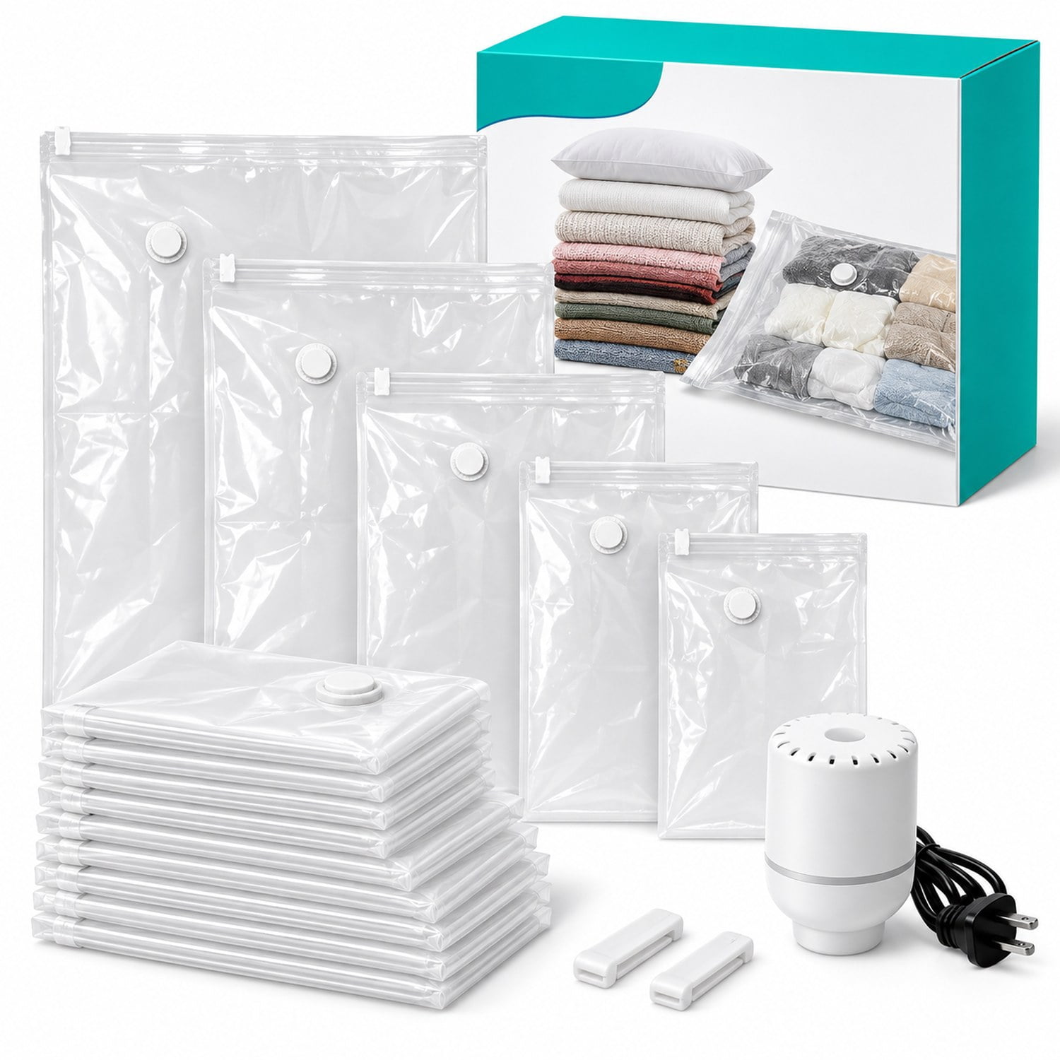Vacuum Storage Bags, 15 Pack Space Saver Seal Bag(3 Jumbo/3 Large/3 Medium/3 Small/3 Roll), Compression Airtight Zipper Space Bags with Electric Pump, for Cloth, Bedding, Blanket, Pillow, Travel