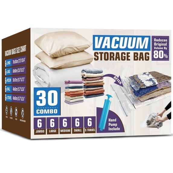 AGALI Vacuum Storage Bags 30 Pack Space Saver for Comforters, Blankets, Clothes, Travel Compression, Airtight, Reusable