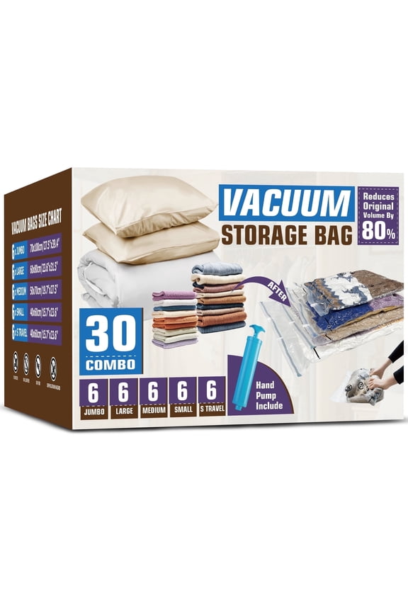 Vacuum Storage Bags 30 Pack Space Saver for Comforters, Blankets, Clothes, Travel Compression, Airtight, Reusable