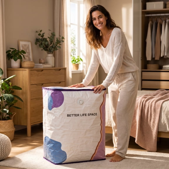 Vacuum Storage Bags 6 Pack 4 Sizes - No Pump Hand Roll Space Saver Compression Bags for Clothes, Blankets, Comforters, Pillows, Reusable Foldable Organizer with One-Way Air Valve