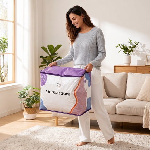Vacuum Storage Bags 6 Pack 4 Sizes - No Pump Hand Roll Space Saver Compression Bags for Clothes, Blankets, Comforters, Pillows, Reusable Foldable Organizer with One-Way Air Valve