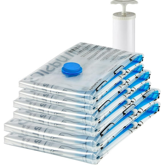 Vacuum Storage Bags for Clothing, Multiple Sizes Compression Zipper Bags with Hand Pump for Space Saving and Travel, 6-Pack (2 Medium, 2 Large, 2 Jumbo), Transparent