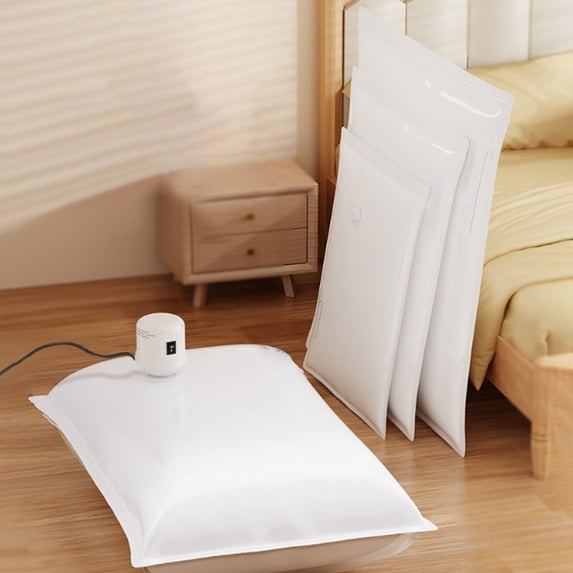 Vacuum Storage Bags for Compacting and Organizing Household Items. These White Plastic Compression Bags Help Save Space in Closets and During Relocation by Removing Excess Air