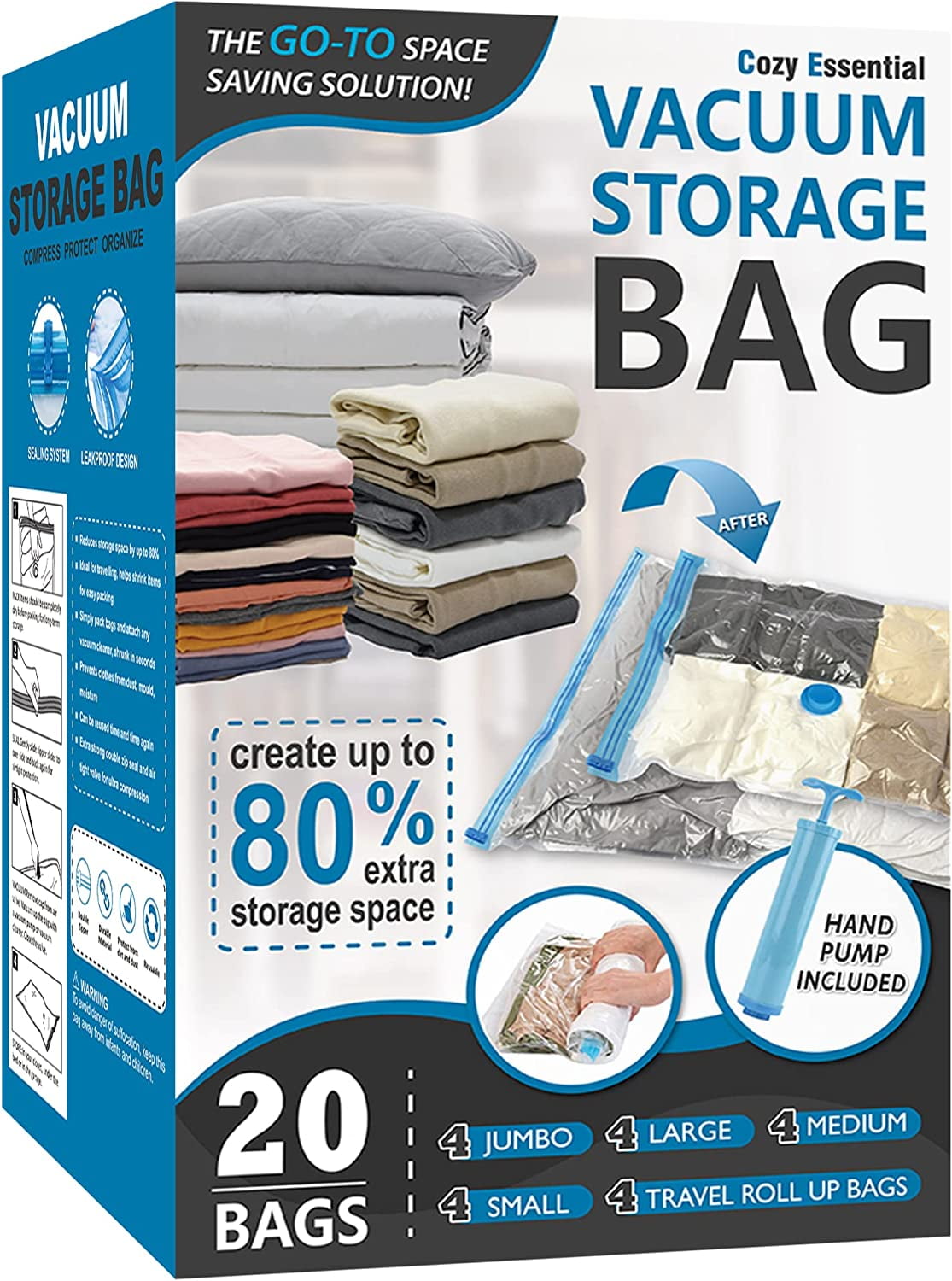 Vacuum Storage Bags, Compression Space Saver Bags for Clothes, Comforters, Blankets, Pillow, Bedding, Sealer Clothing Storage,20 Combo