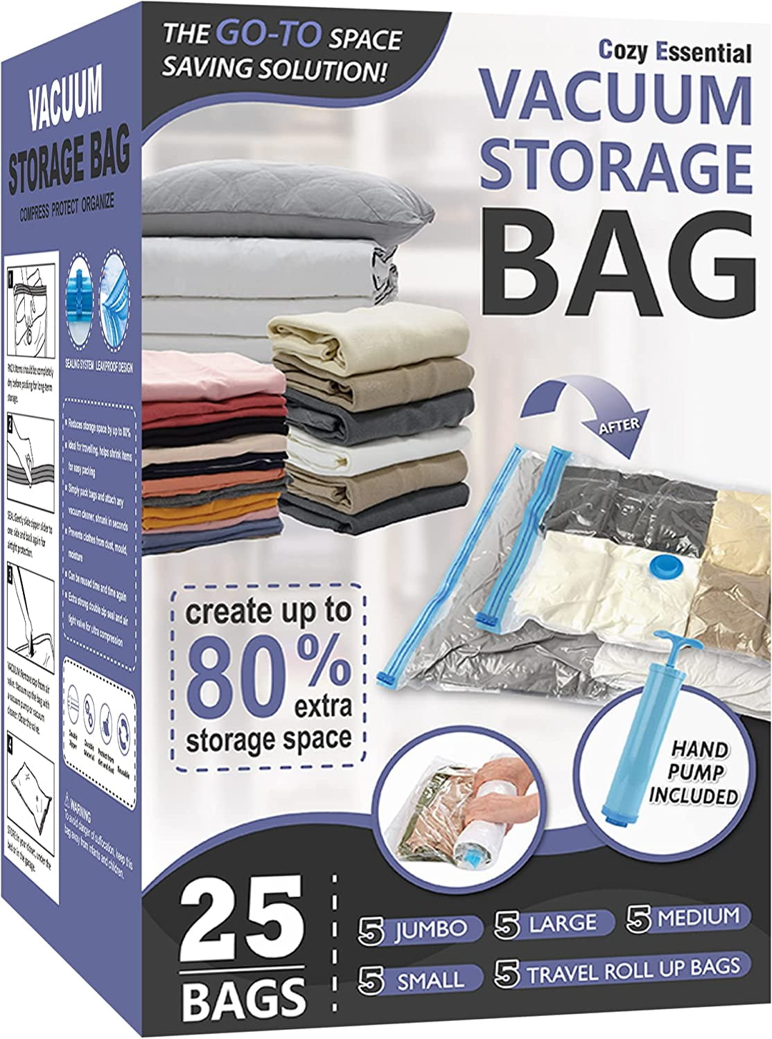 Vacuum Storage Bags, Compression Space Saver Bags for Clothes, Comforters, Blankets, Pillow, Bedding, Sealer Clothing Storage,25 Combo