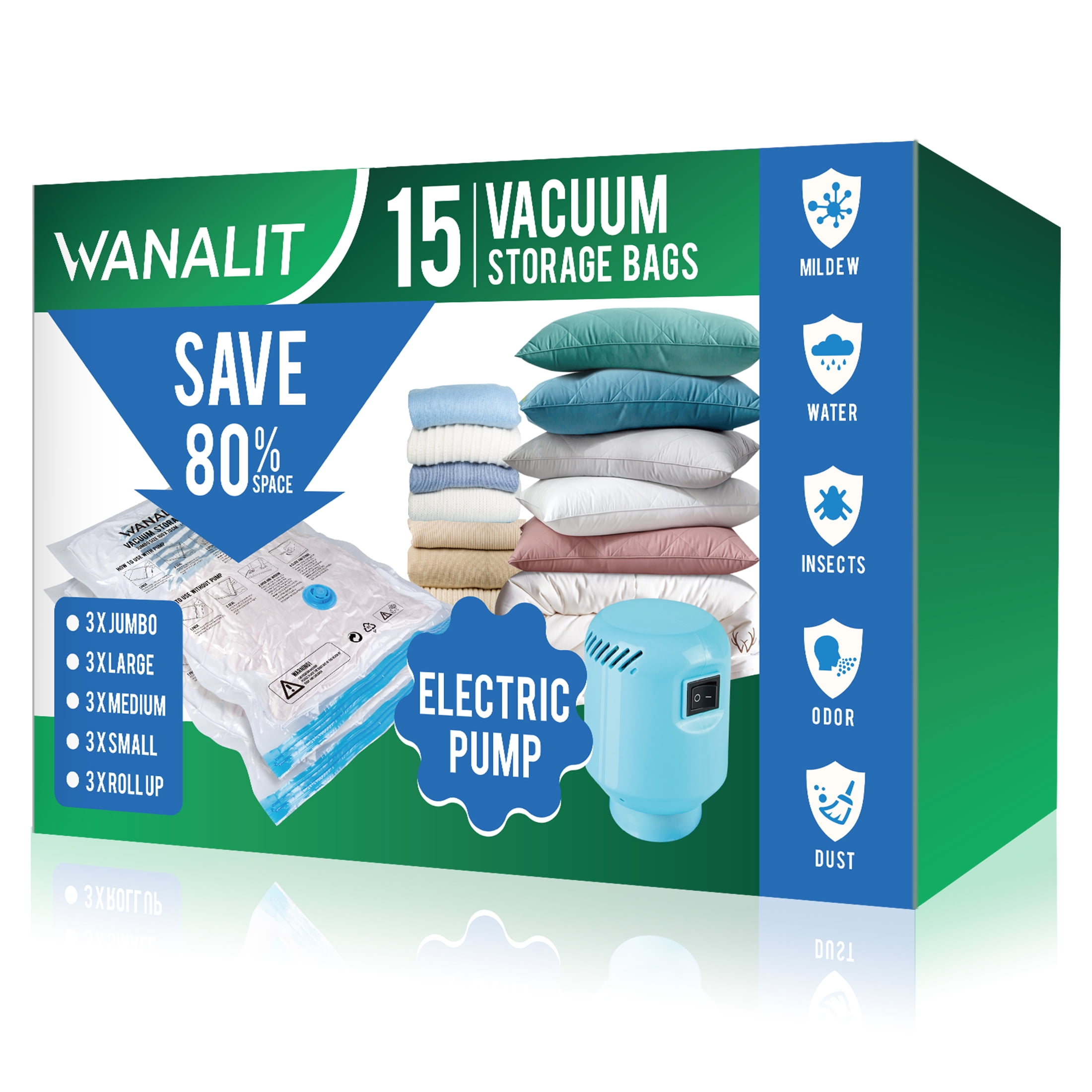 WANALIT Vacuum Storage Bags,15 Combo Space Saver Vacuum Storage Bags(3  Jumbo/3 Large/3 Medium/3 Small/3 Roll up), Airtight Vacuum Sealed Bags with