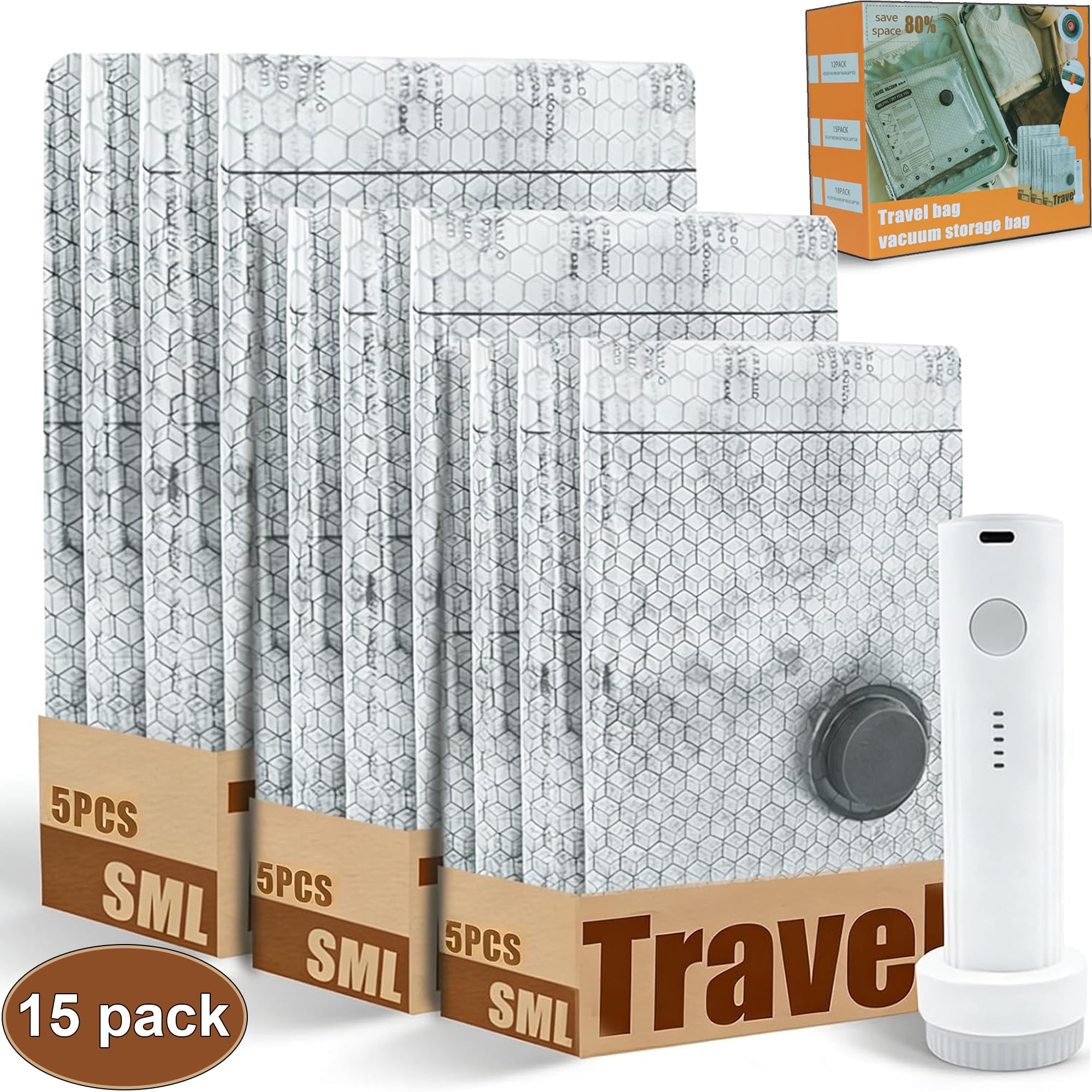 Vacuum Storage Bags with Electric Pump,15 Pack Travel Seal Bags for Luggage and Suitcase,5 Small/5 Medium/5 Large,Space Saver Compression Packing Bags for Clothing,Travel Lugggage,Blankets,Comforters