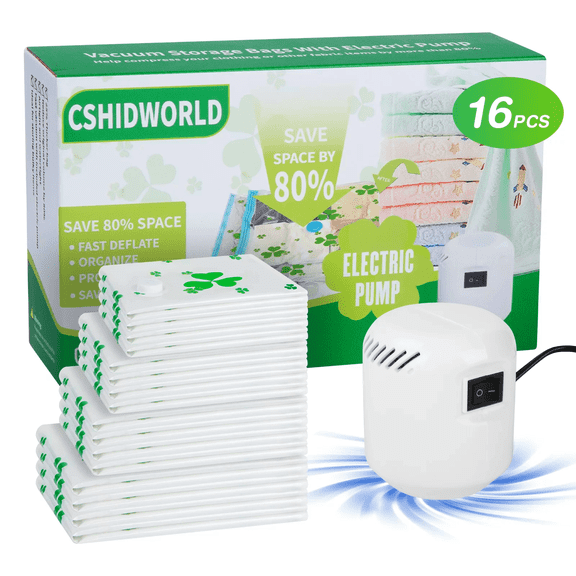 CshidWorld Vacuum Storage Bags with Electric Pump, 16 Pack Space Saver Bag (4 Jumbo, 4 Large, 4 Medium, 4 Small), Vacuum Seal Bags for Clothes, Blanket, Pillows, Comforters, Compression Bags for Trav