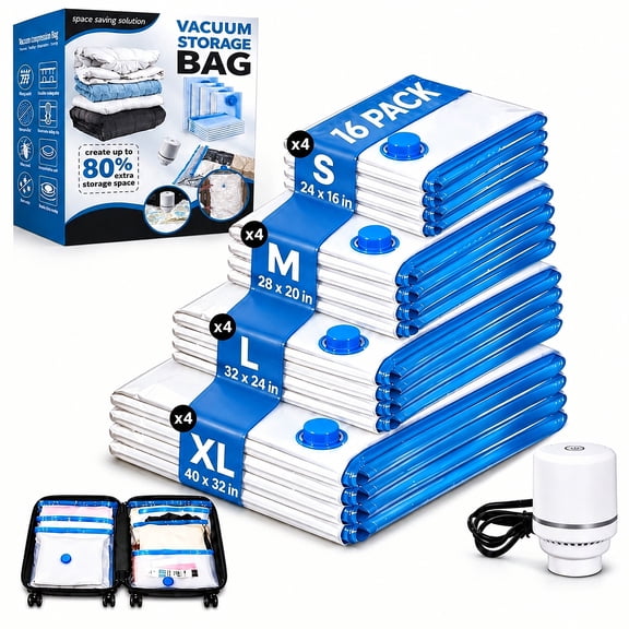 Vacuum Storage Bags with Electric Pump, Space Saver Compression Bags for Clothes, Bedding, Comforters, Blankets and Travel, Reusable Vacuum Seal Storage Bags for Closet and Home Organization