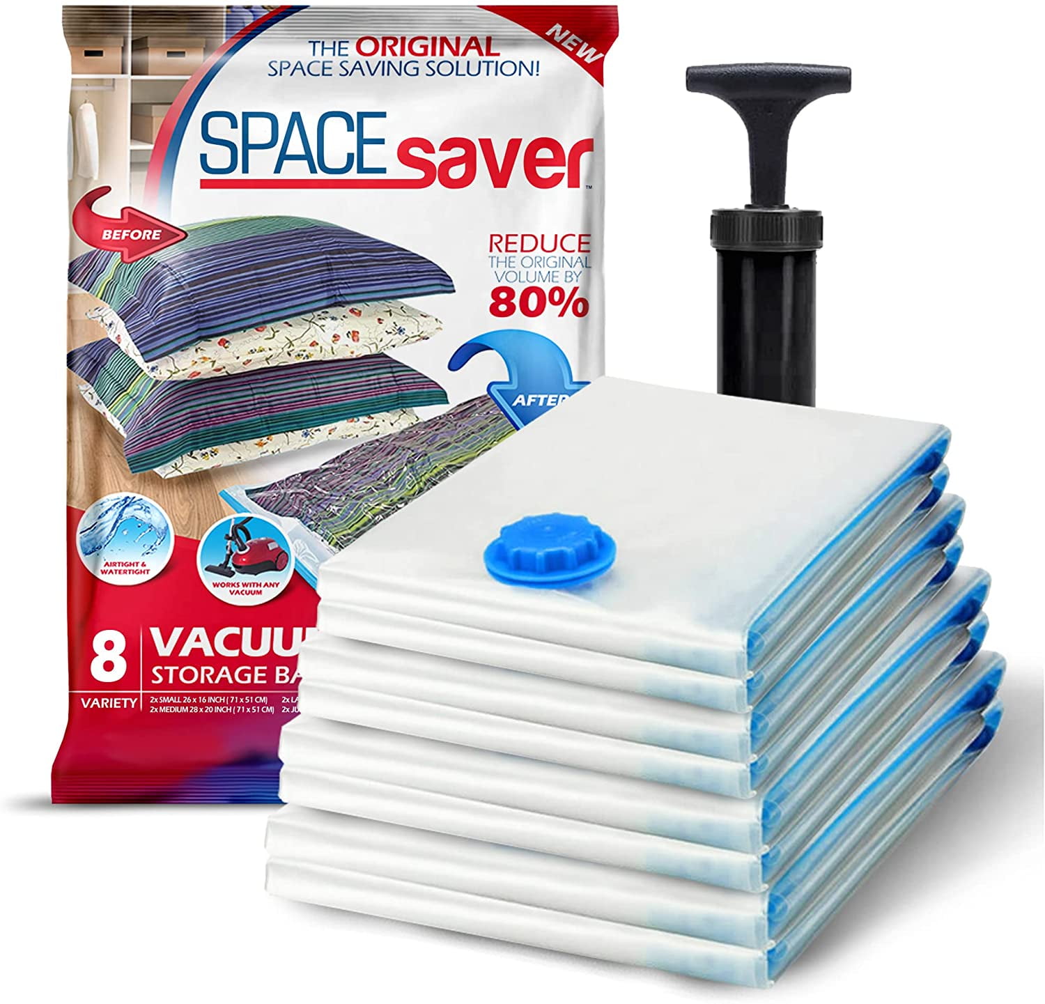 Vacuum Storage Bags with Hand Pump - Vacuum Seal Bags for Clothing, Comforters, Blankets - Reusable Compression Bags for Travel, Moving, Organization - 2S, 2M, 2L, 2XL Sizes - Pack of 8