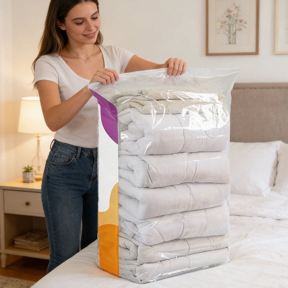 Vacuum Storage Bags for Quilts, Blankets and Clothes – Thick Heavy Duty No Pump Compression Bag, Airtight Space Saver for Bedding, Travel, Moving and RV Organization