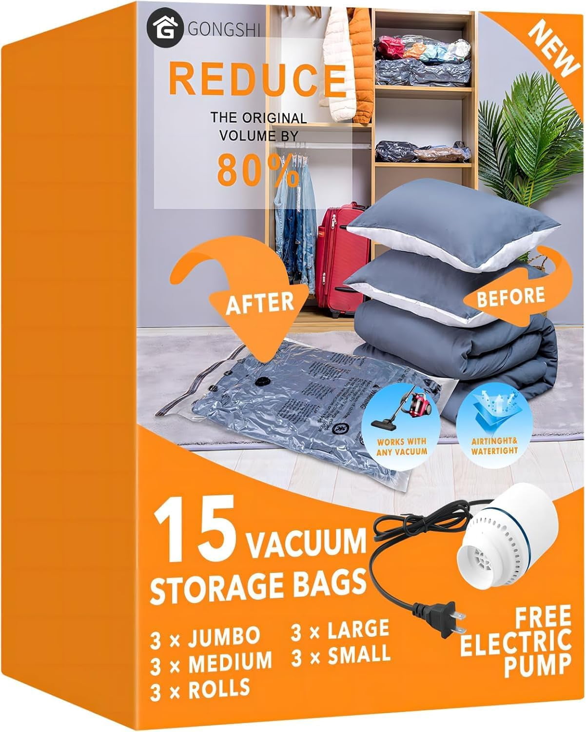 Vacuum Storage Bags, Space Saver Bags for Clothing,Blankets,Comforters, Pillows, Clothes,Travel,15 Combo-EPUMP